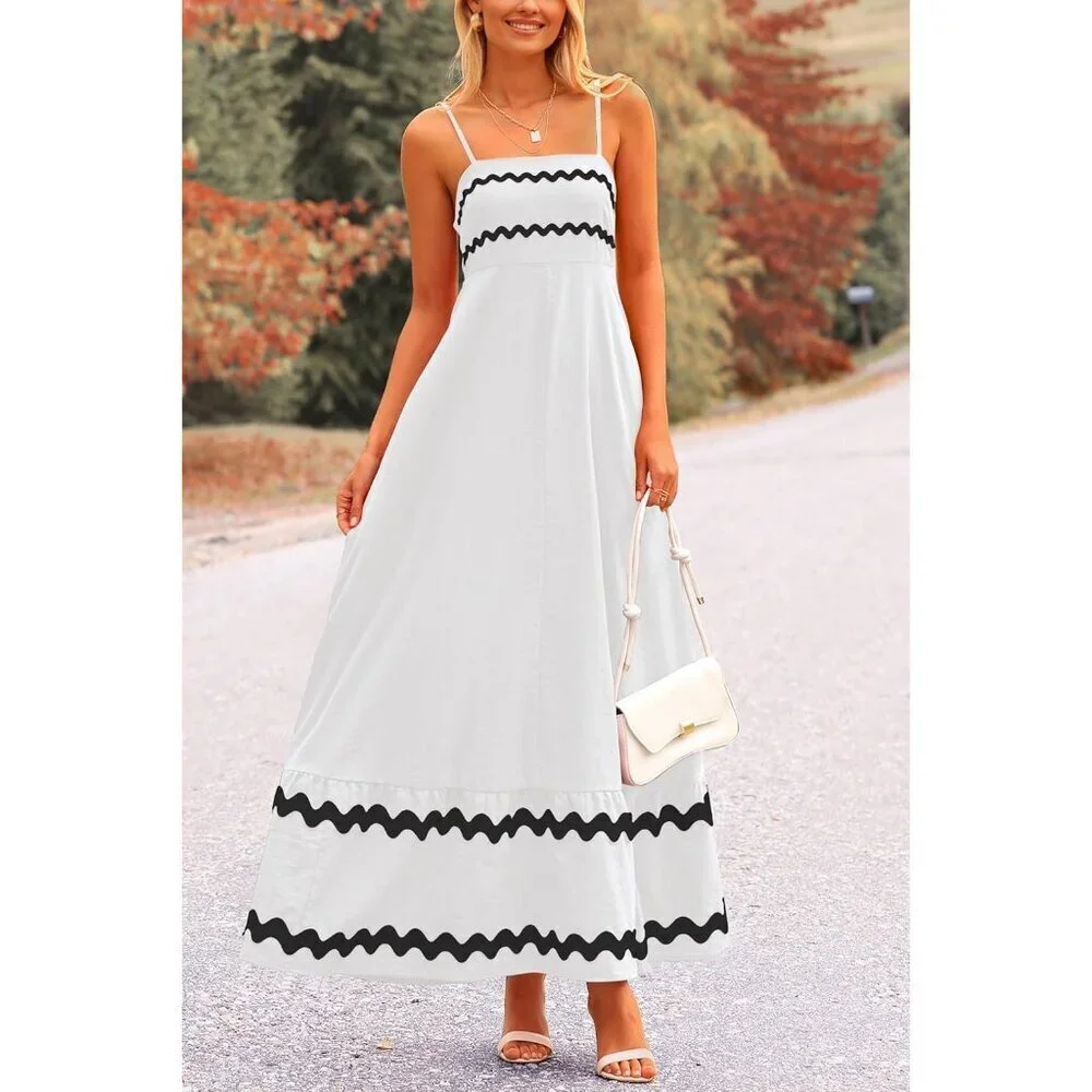 Women's White Casual Sleeveless Spaghetti Strap Ruffle Beach Maxi Dress